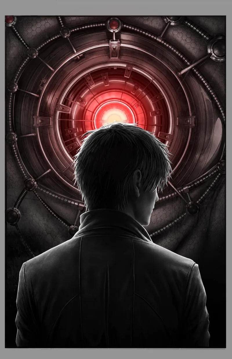 The Silent War 2086 cover art: a man seen from behind facing a glowing red mechanical eye