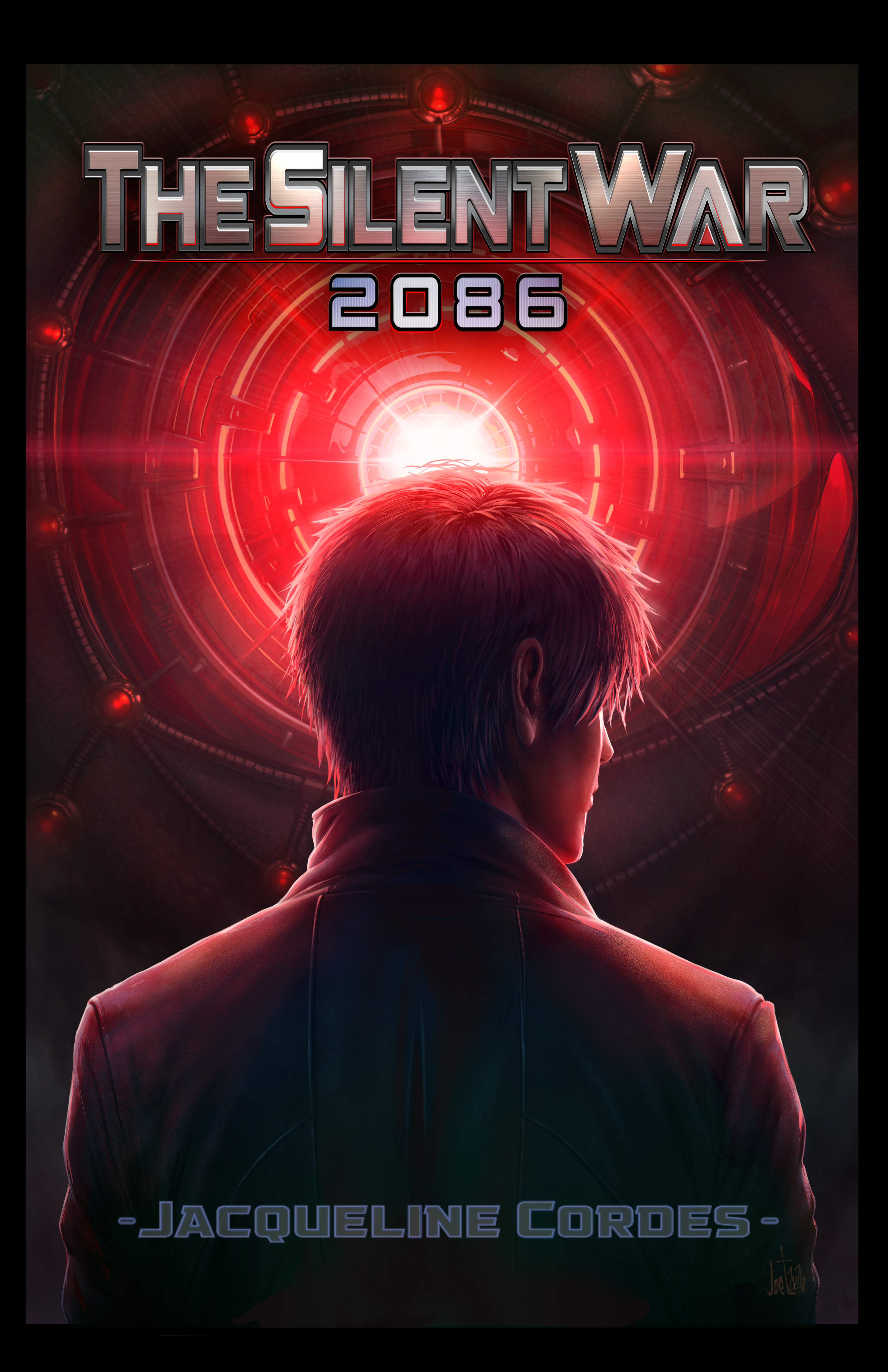 The Silent War 2086 cover art: a man seen from behind facing a glowing red mechanical eye